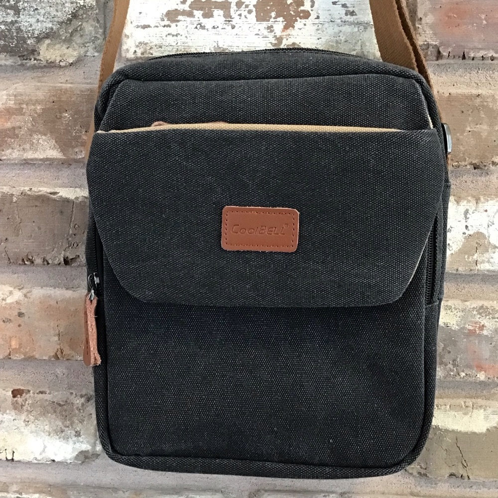 COOL BELL Unisex Gray Black Canvas Padded Small Laptop Crossbody Bag